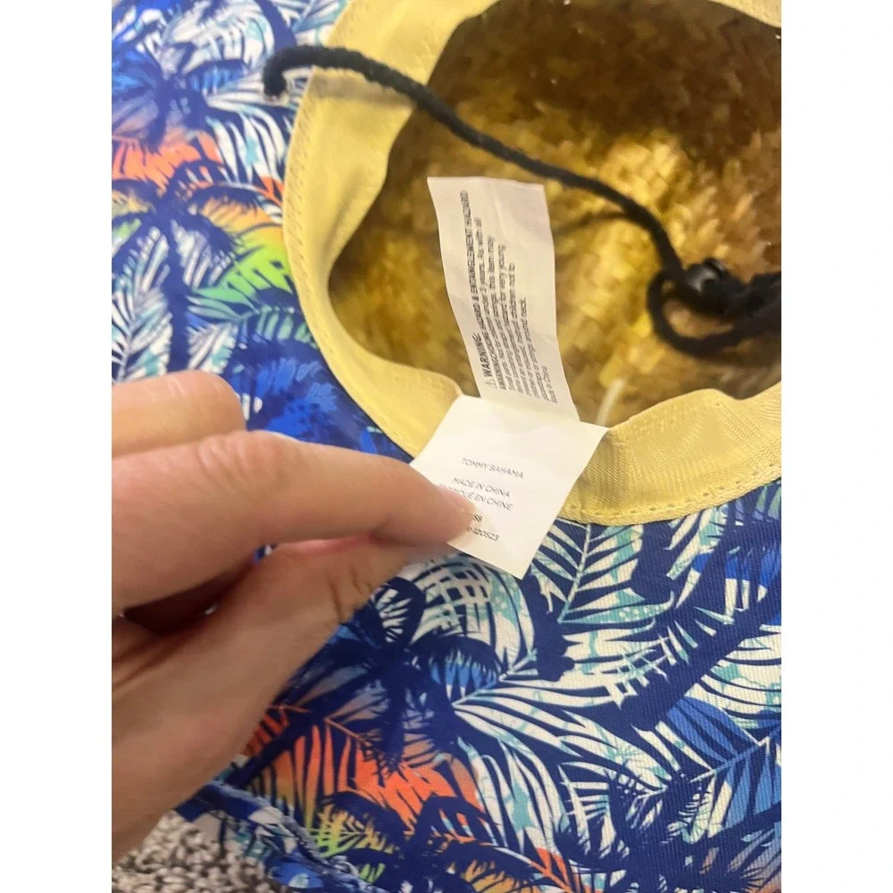 Tommy Bahama Kids Boys Straw Sun Hat Blue Tropical Palm Leaf 4-7 Years Wide Brim